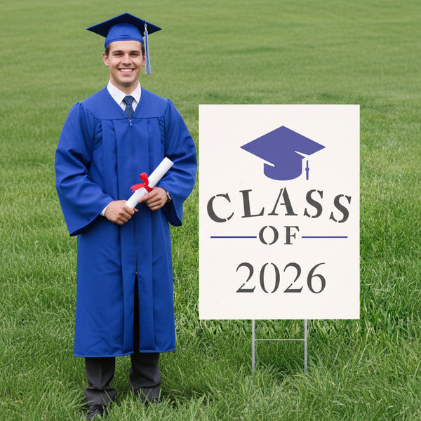 Graduation-themed sign with 'Class of 2026' on a grass background
