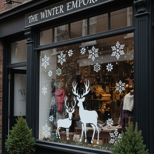 Storefront with 'The Winter Emporium' sign and festive window display featuring deer and snowflakes.