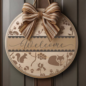 Woodland Welcome Round Sign Stencil Painted onto a wooden sign and hung on a front door.
