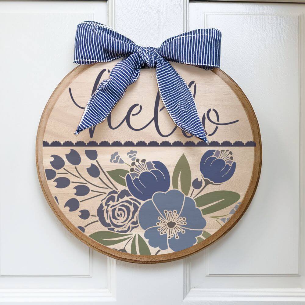 Wooden  Round Sign for the front door painted with the Watercolor Floral Hello Round Sign Stencil