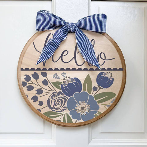 Wooden  Round Sign for the front door painted with the Watercolor Floral Hello Round Sign Stencil