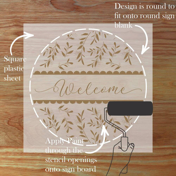 Details for the Tranquil Branches Welcome Round Sign Stencil