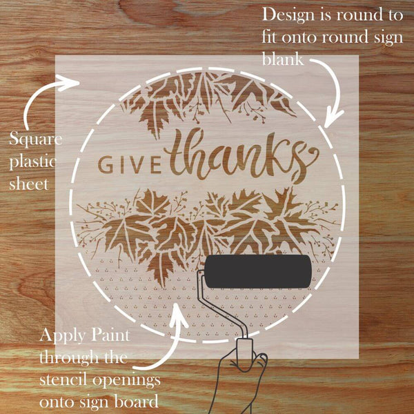 Round decorative stencil for creating Thanksgiving signs with 'Give Thanks' design.