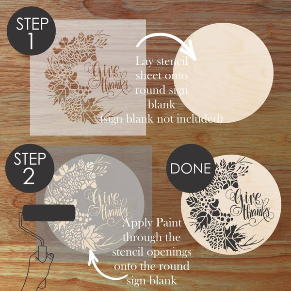 Step-by-step guide: using a decorative stencil for a Thanksgiving round sign project.