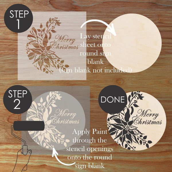 Steps to use Merry Christmas round sign stencil for festive home décor creations.