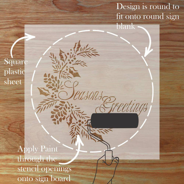 Round sign stencil design for holiday decor, featuring 'Season's Greetings' and holly leaves, perfect for crafting.