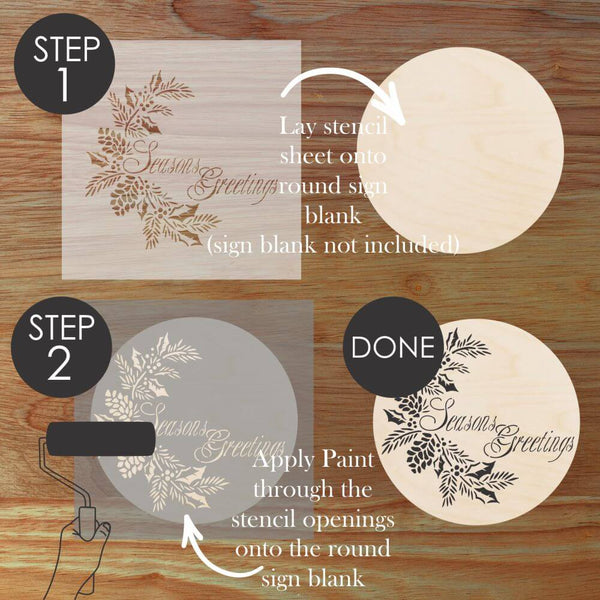 Step-by-step guide to using the Season's Greetings round sign stencil for decorative crafting.