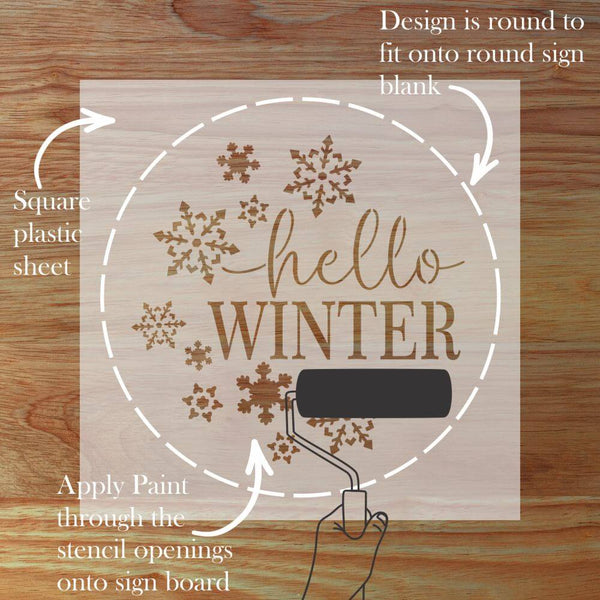 Hello Winter round sign stencil on wood surface, perfect for creating decorative signs for the holiday season.