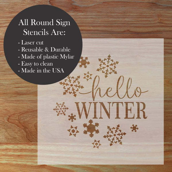 Hello Winter round sign stencil on wooden background, perfect for decorative stenciling in home decor.