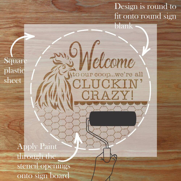 Welcome to Our Coop Round Sign Stencil, decorative stencil for crafting unique farmhouse décor.