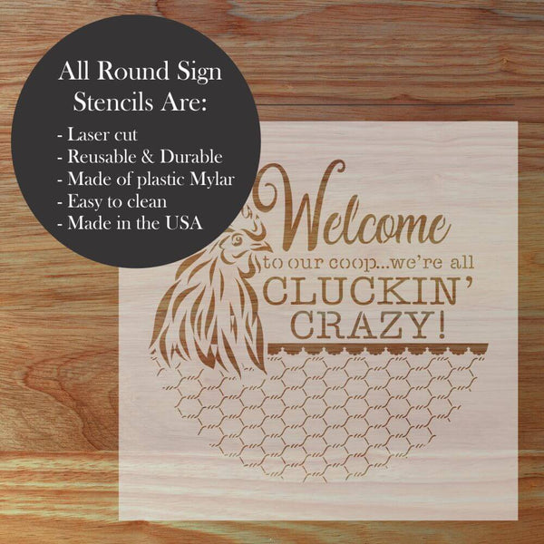Decorative stencil for welcome signs with chicken design, made of durable Mylar, perfect for farmhouse décor.