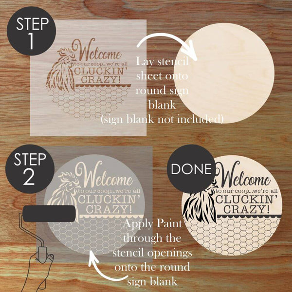 Step-by-step guide for using a decorative stencil to create a welcome sign on a round wooden sign blank.