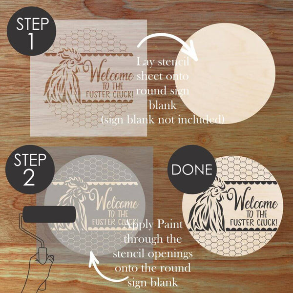 Step-by-step guide for using the Fuster Cluck decorative stencil for custom round signs.