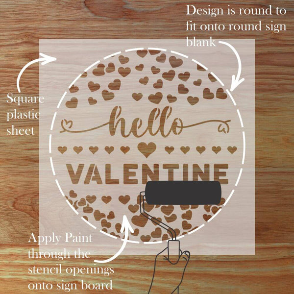Hello Valentine round sign stencil with hearts, perfect for decorative stenciling on home signs and crafts.
